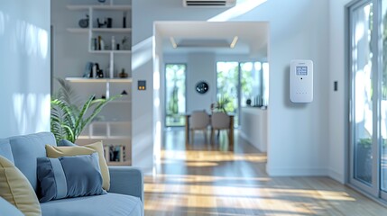 Obraz premium A biometric security system in a smart home, featuring a modern facial recognition scanner and fingerprint scanner, with a stylish interior and bright natural light.