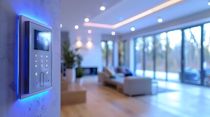 A biometric security system in a smart home, featuring a modern facial recognition scanner and fingerprint scanner, with a stylish interior and bright natural light.