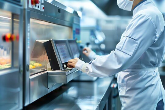 Chef in a professional kitchen, operating equipment and preparing food, ensuring high standards of hygiene and culinary quality.