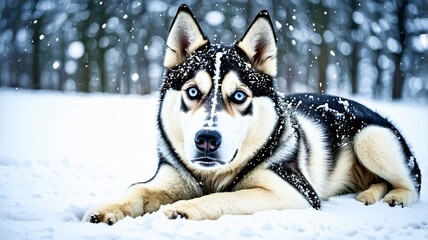 Majestic Husky Dog Relaxing in Snowy Winter Forest, Beautiful Blue Eyes, Close-up Photograph