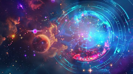 Cosmic Nebula with Celestial Compass and Planets
