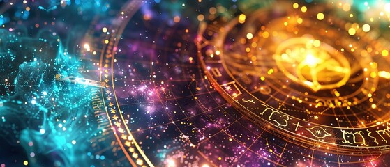 A Cosmic Celestial Map With Glowing Stars and a Golden Zodiac Wheel
