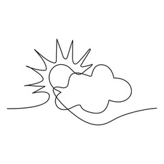 One line sun with cloud sketch. Continuous doodle art drawing, creative linear weather icon isolated. 