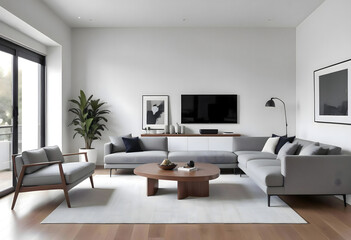 Modern, minimalist living room interior design with blank wall, wall mockup, frame mockup