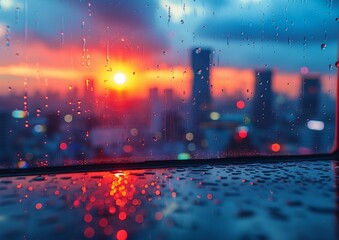 Obraz premium Stunning Urban Sunset Through Raindrop-Filled Window, Vibrant Photography Capturing Cityscape Bokeh Effect