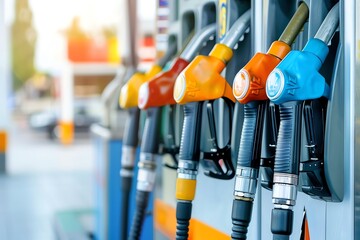 Close-up of colorful fuel nozzles at a gas station. Focus on different types of gasoline and diesel pumps available for refueling vehicles.
