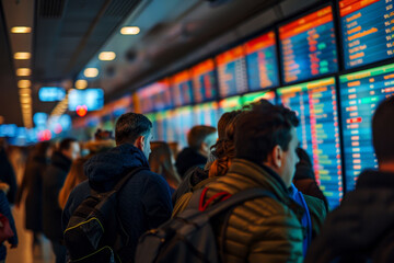 Busy crowd people looking at multiple digital departure boards at an airport