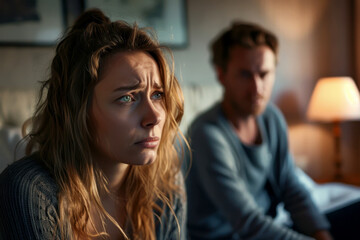 Naklejka premium Fight, divorce or couple with anger, conflict or affair with marriage issue, home or ignore. Partners, mature woman or man with frustration, relationship problems or toxic with depression or cheating