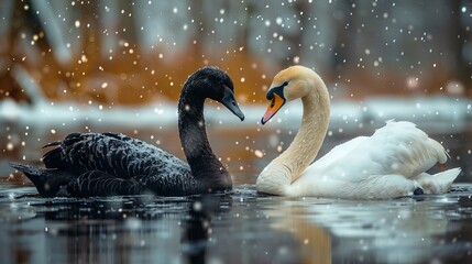 A couple of swans are swimming in the water in the snow