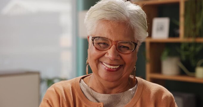 Senior woman, nursing home and happy for retirement as pensioner for support, relax and satisfied with break. Female person, portrait and smile at old age house for peace, calm and positive or enjoy