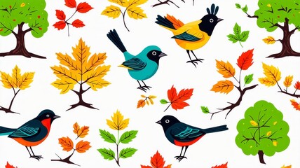 Colorful Bird and Autumn Leaf Pattern Illustration with Trees and Fall Foliage - Seamless Design for Wallpaper and Fabric