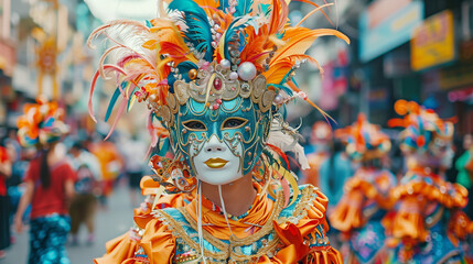 MassKara Festival parade of dancers in colorful costumes and decorative masks, backdrop of busy...