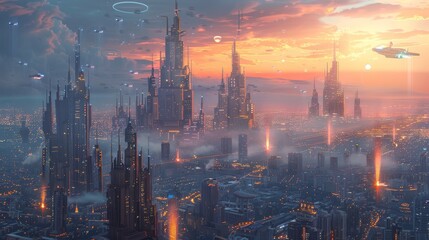 Fototapeta premium Futuristic Cityscape at Sunset