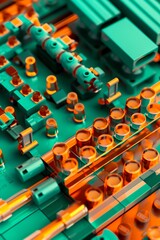 Naklejka premium A close up of a computer motherboard with orange and green components