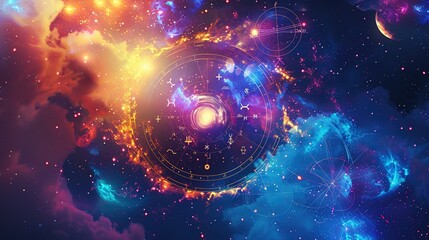 Obraz premium A Cosmic Mandala with Zodiac Symbols and a Spiral Galaxy