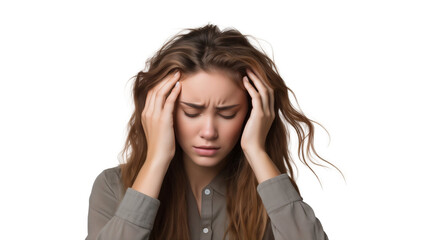 Portrait of a woman suffering from headache or stress, isolated on transparent background