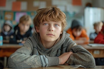 Focused Schoolboy in Classroom with Classmates Background - Education, Learning, Concentration