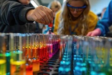Students Conducting Chemistry Experiments in Science Lab with Colorful Test Tubes