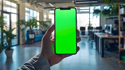 A person holding up a phone with a green screen