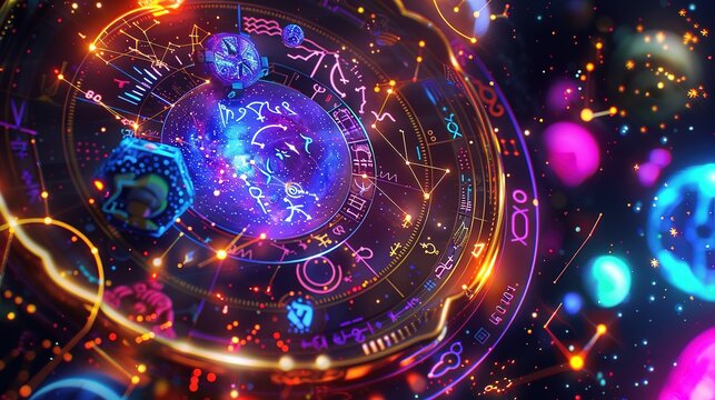 A vibrant abstract digital astrological wheel with glowing constellations