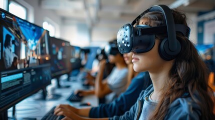 A focused young individual explores virtual reality in a tech-driven environment, showcasing modern gaming experiences.