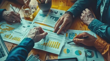 Team Collaboration Analyzing Financial Data and Business Reports in Office Environment