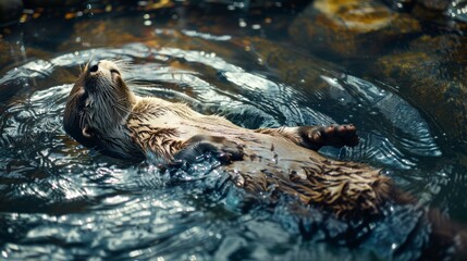 Fototapeta premium a playful otter floating on its back in a river, holding a stone