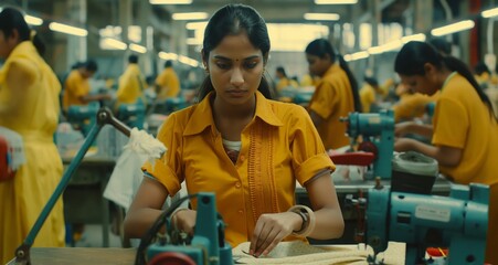 Indian Woman in Yellow Uniform Concentrated on Work in a Busy Textile Factory