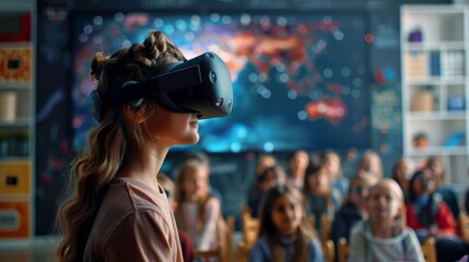A young girl experiences virtual reality, engaged in an immersive learning environment with an audience captivated in the background.