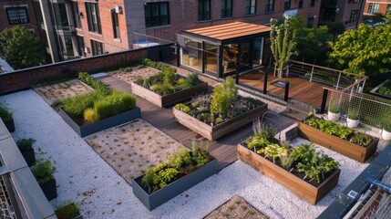 A rooftop garden with raised beds of plants and herbs, situated on a rooftop with a wooden deck and glass structure in the background