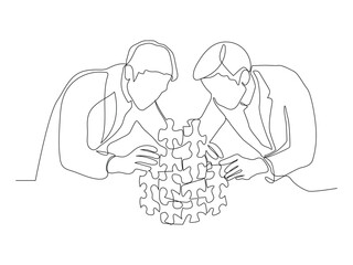 Continuous one line drawing of confident business people trying to connected jigsaw pieces, single line art.