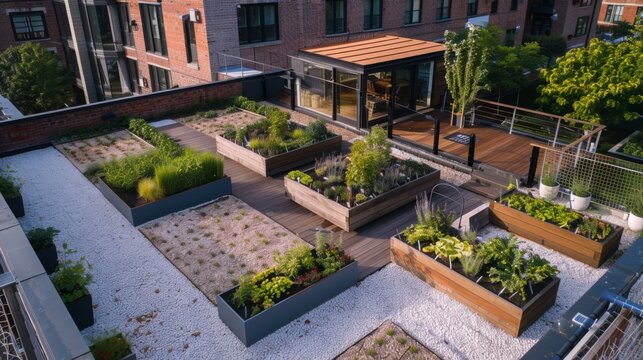A rooftop garden with raised beds of plants and herbs, situated on a rooftop with a wooden deck and glass structure in the background