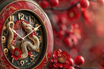 Antique Golden Dragon Clock on Vibrant Cherry Blossom Background