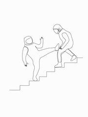 One continuous line drawing of two young are fighting.