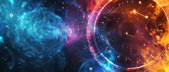 Fototapeta premium Zodiac wheel with constellations and glowing stars