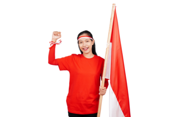 Indonesian woman celebrating Indonesia's independence day on 17 August by holding the Indonesian flag isolated transparent