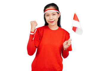 Indonesian woman celebrating Indonesia's independence day on 17 August by holding the Indonesian flag isolated transparent
