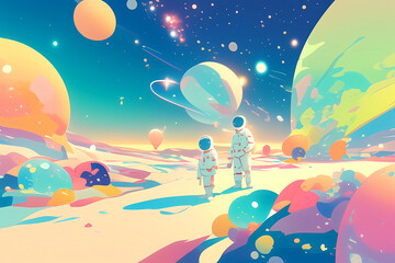 A colorful cartoon illustration shows an astronaut standing on the surface of some planets
