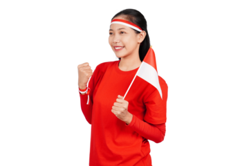 Indonesian woman celebrating Indonesia's independence day on 17 August by holding the Indonesian flag isolated transparent