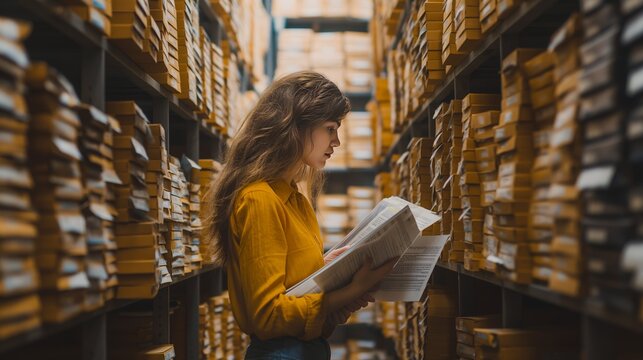 Focused Young Archivist Reading Documents in Archive Storage Room