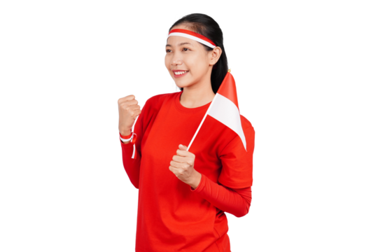 Indonesian woman celebrating Indonesia's independence day on 17 August by holding the Indonesian flag isolated transparent