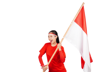 Indonesian woman celebrating Indonesia's independence day on 17 August by holding the Indonesian flag isolated transparent