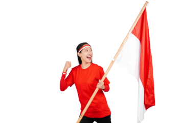 Indonesian woman celebrating Indonesia's independence day on 17 August by holding the Indonesian flag isolated transparent