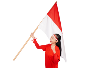 Indonesian woman celebrating Indonesia's independence day on 17 August by holding the Indonesian flag isolated transparent