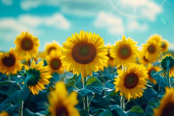 Obraz premium A field of sunflowers with the sun shining through the clouds