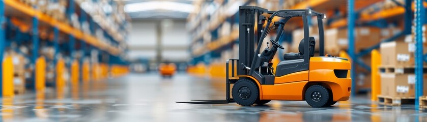 A forklift is in a warehouse with a lot of boxes