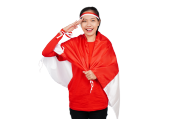 Indonesian woman celebrating Indonesia's independence day on 17 August by holding the Indonesian flag isolated transparent
