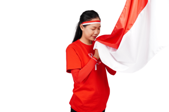 Indonesian woman celebrating Indonesia's independence day on 17 August by holding the Indonesian flag isolated transparent
