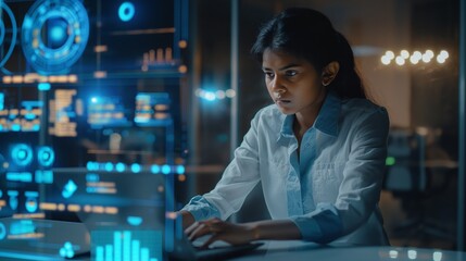 Focused Indian Woman Working on Laptop with Digital Interface in Modern Office
