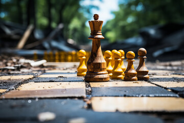 Outdoor Chess Game with Wooden Pieces on a Weathered Board, Symbolizing Strategy and Leadership. Close-Up of Chess King and Pawns on Rustic Board, Evoking Strategy, Power, and Tactics.